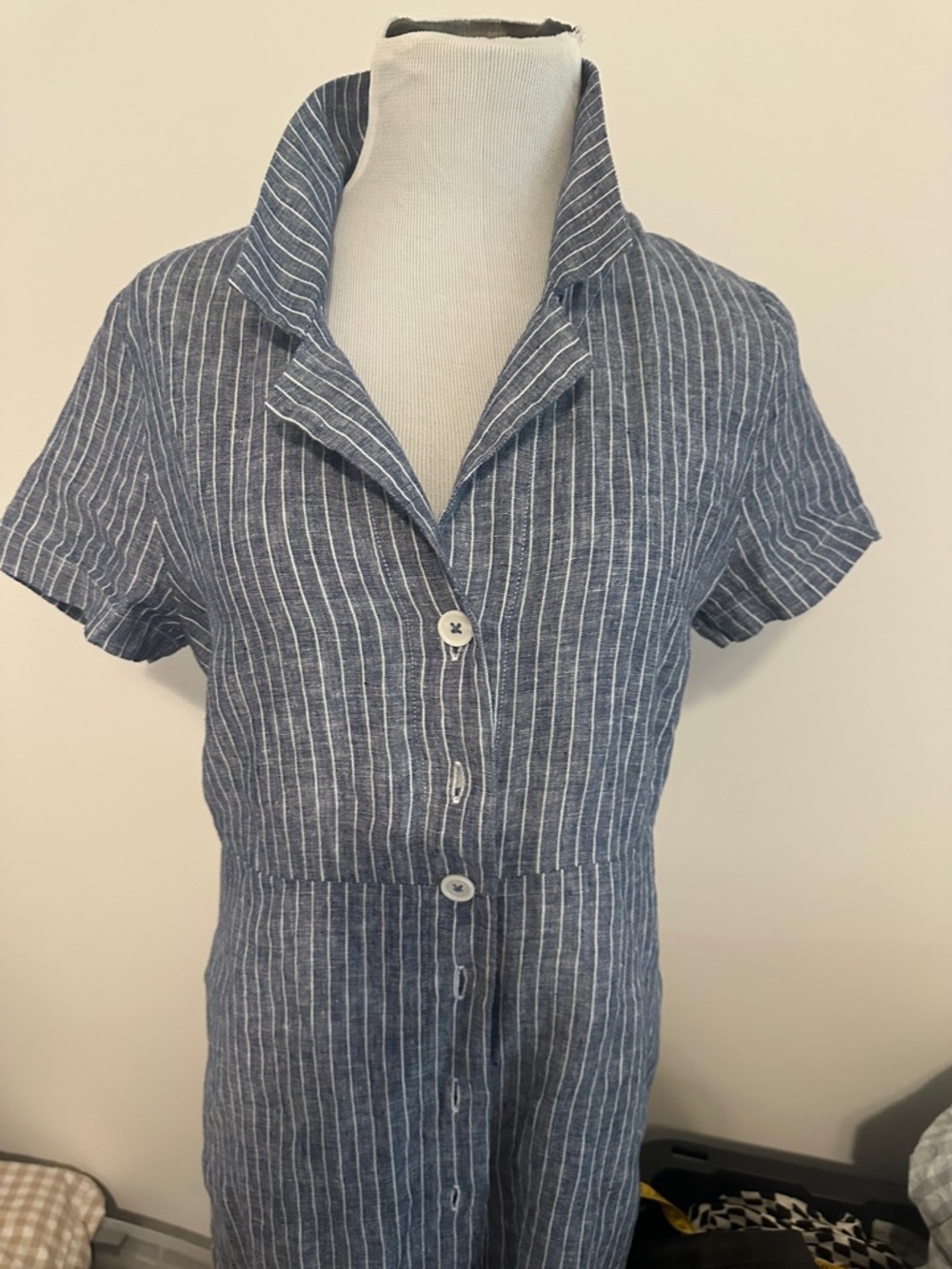 Quince linen front button down  dress Blue and White Pinstripe  medium